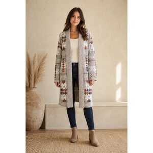 Northern Angel Long Open Front Southwest Pattern Cardigan Duster Sweater Large